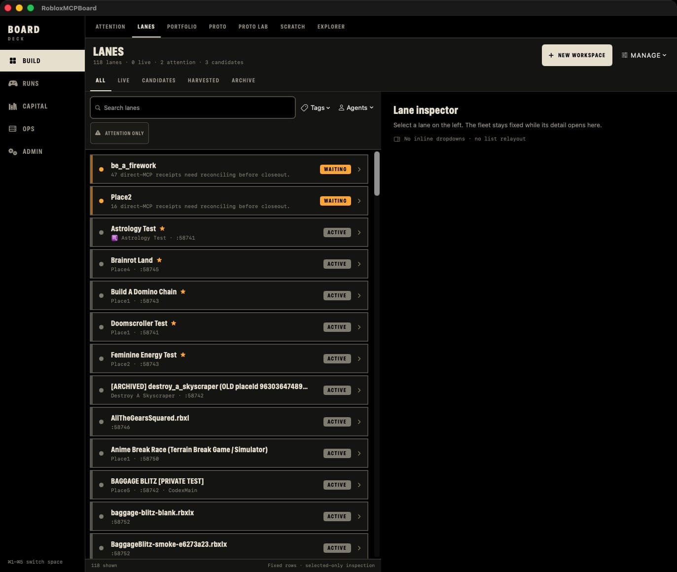 MCP Board showing Roblox projects and their current status.
