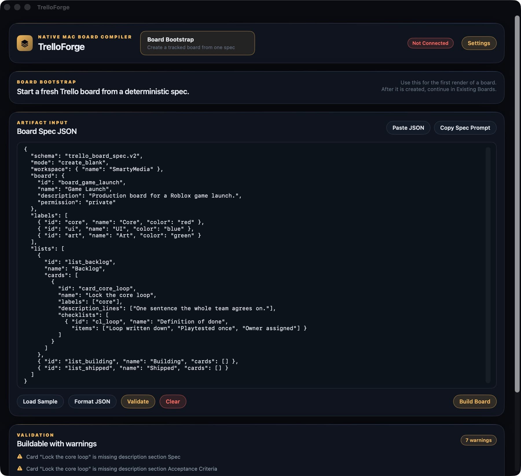 TrelloForge validation panel showing counts of what will be created